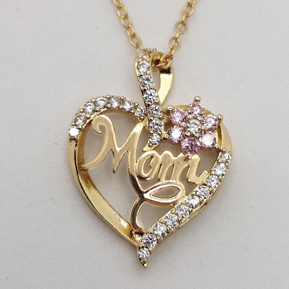 "Mom" Open Heart Flower Rhinestone Necklace
